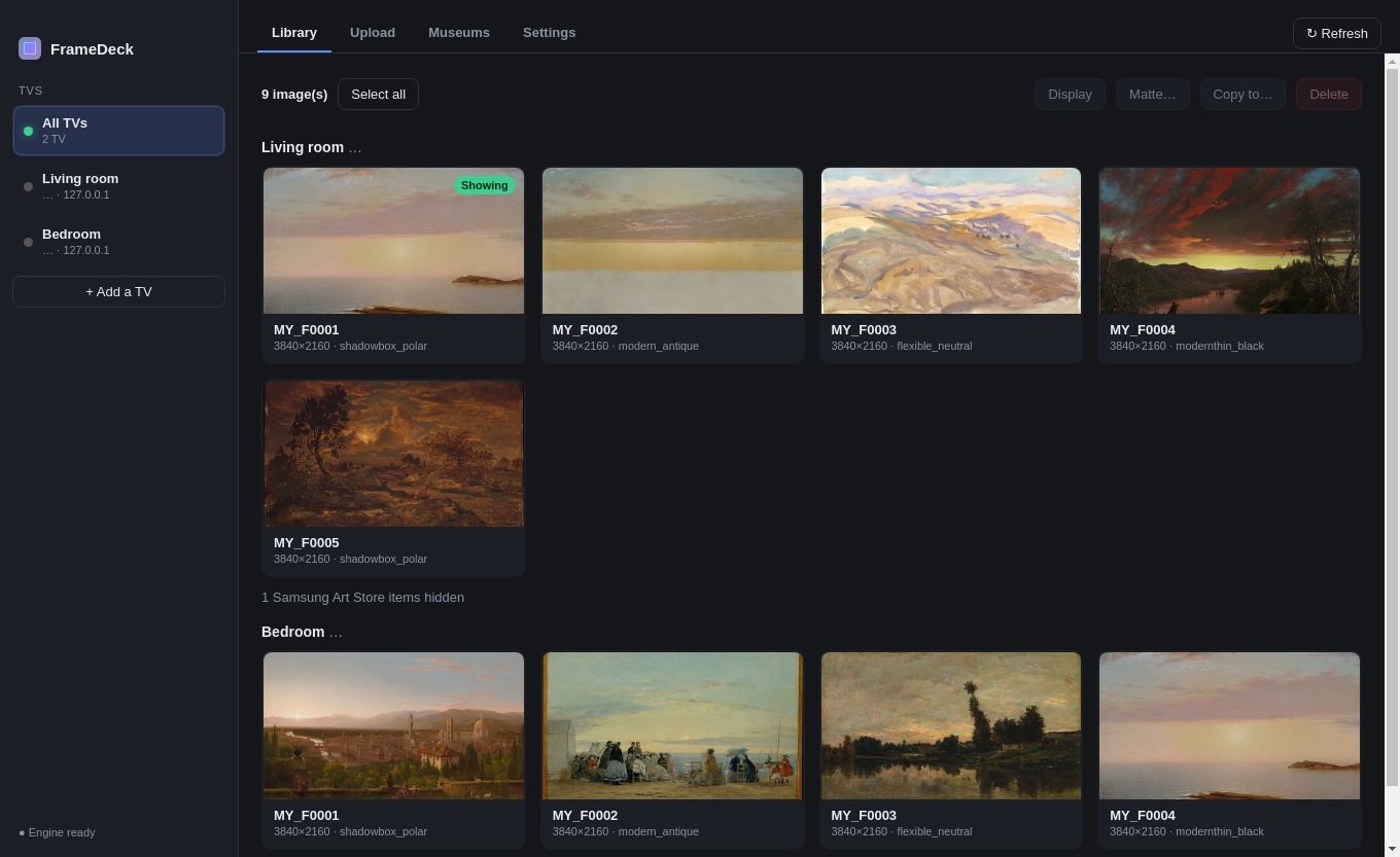 FrameDeck library showing the pictures on two Frame TVs