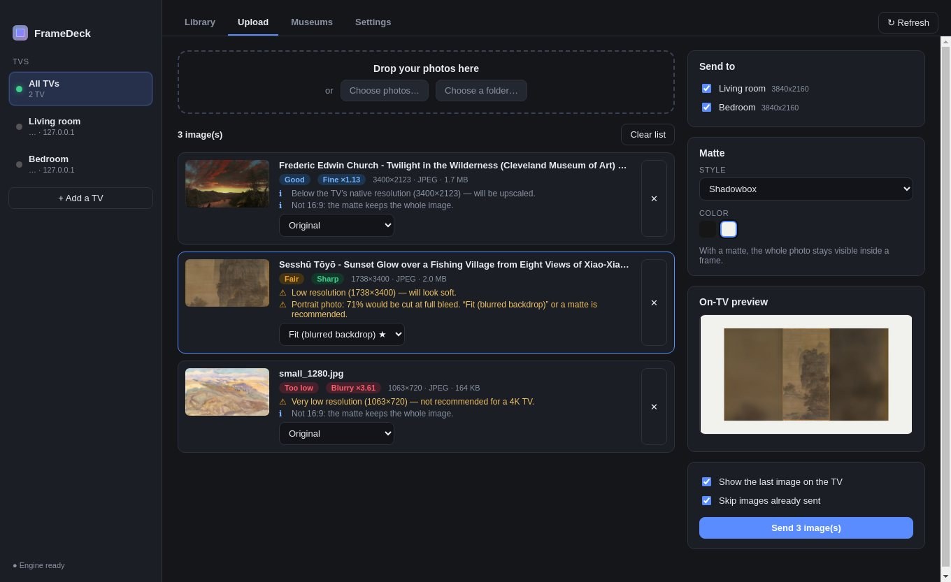FrameDeck upload view with mat preview and sharpness badges
