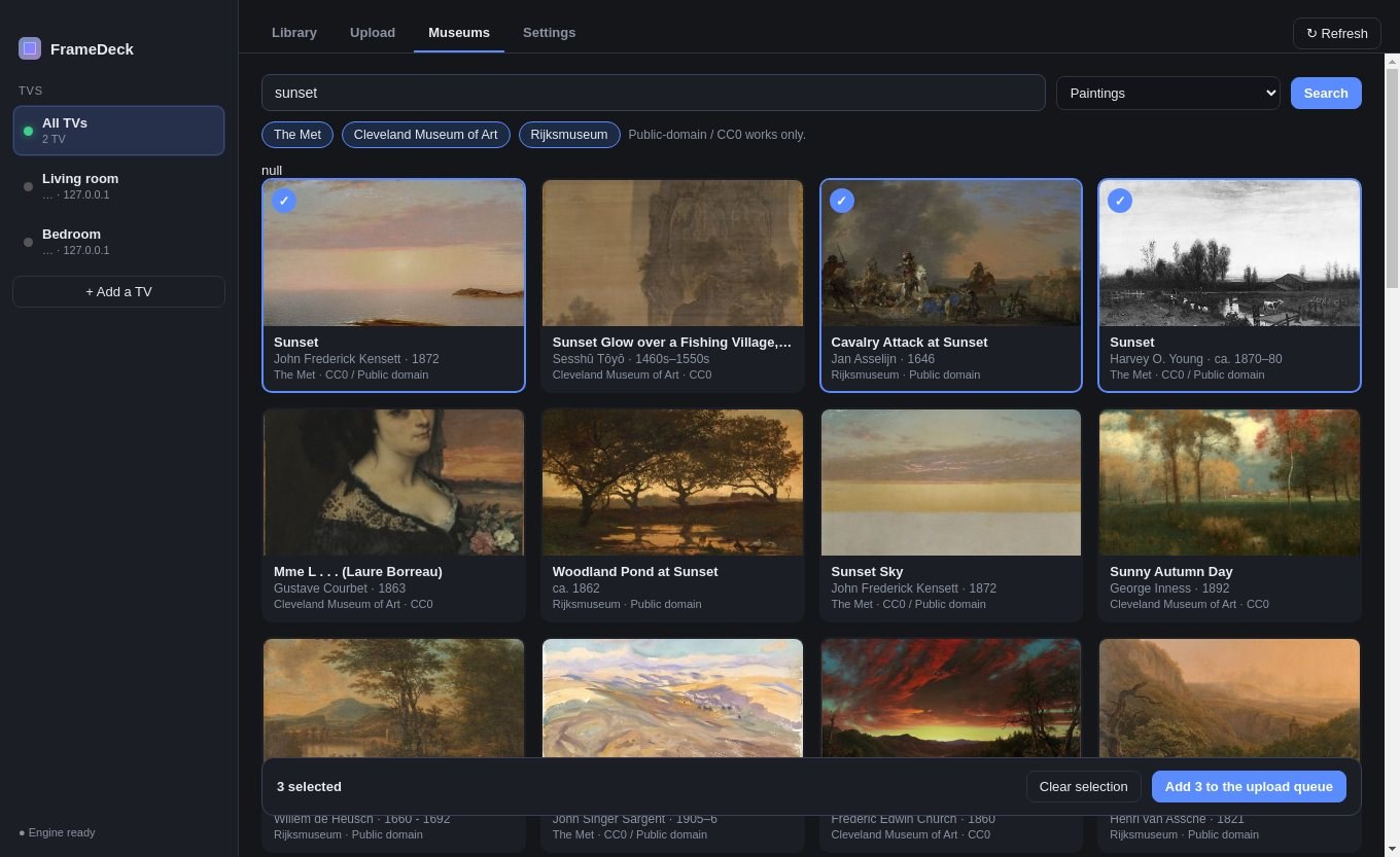 FrameDeck museum browser with selected artworks