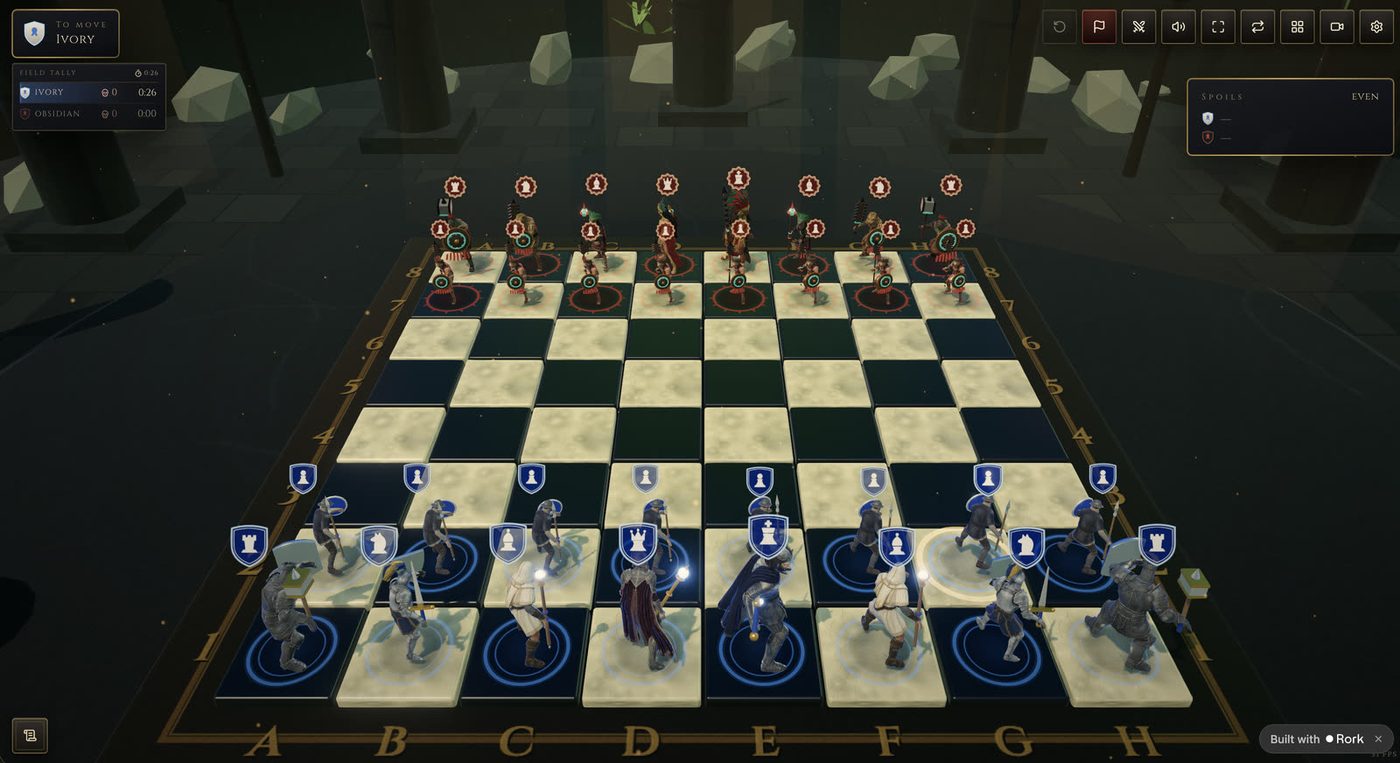 Ivory Kingdom knights and bishops facing the Sun Empire on a marble and basalt board