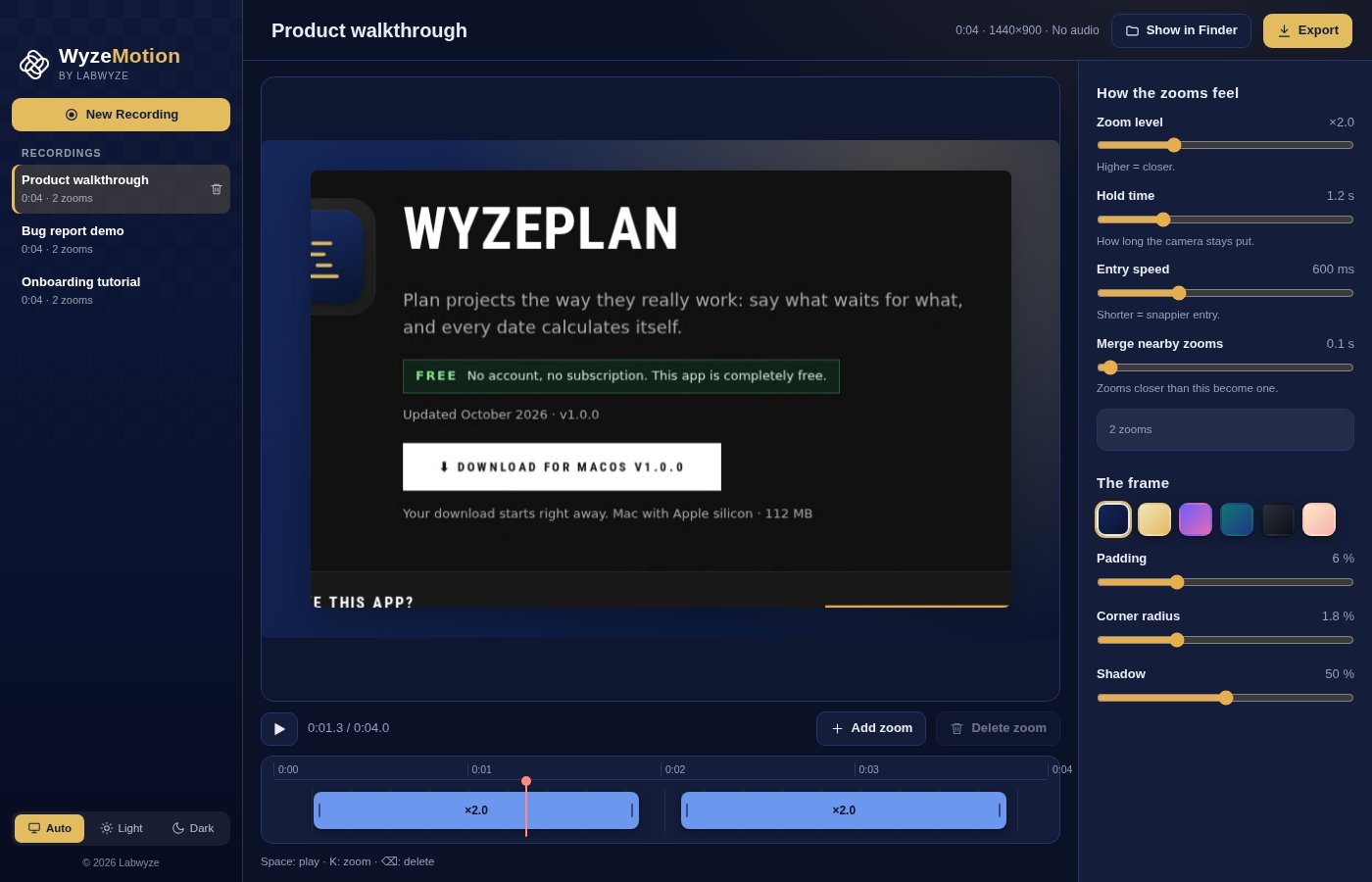 Éditeur WyzeMotion avec la caméra qui zoome sur une partie de l’écran enregistré, dans un cadre stylisé (enregistrement d’exemple)