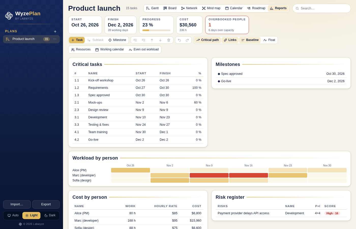 Project reports with critical tasks, workload and costs