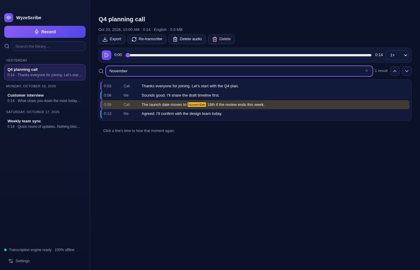 A transcript with You and Call speakers, timestamps and a search result highlighted (example data)