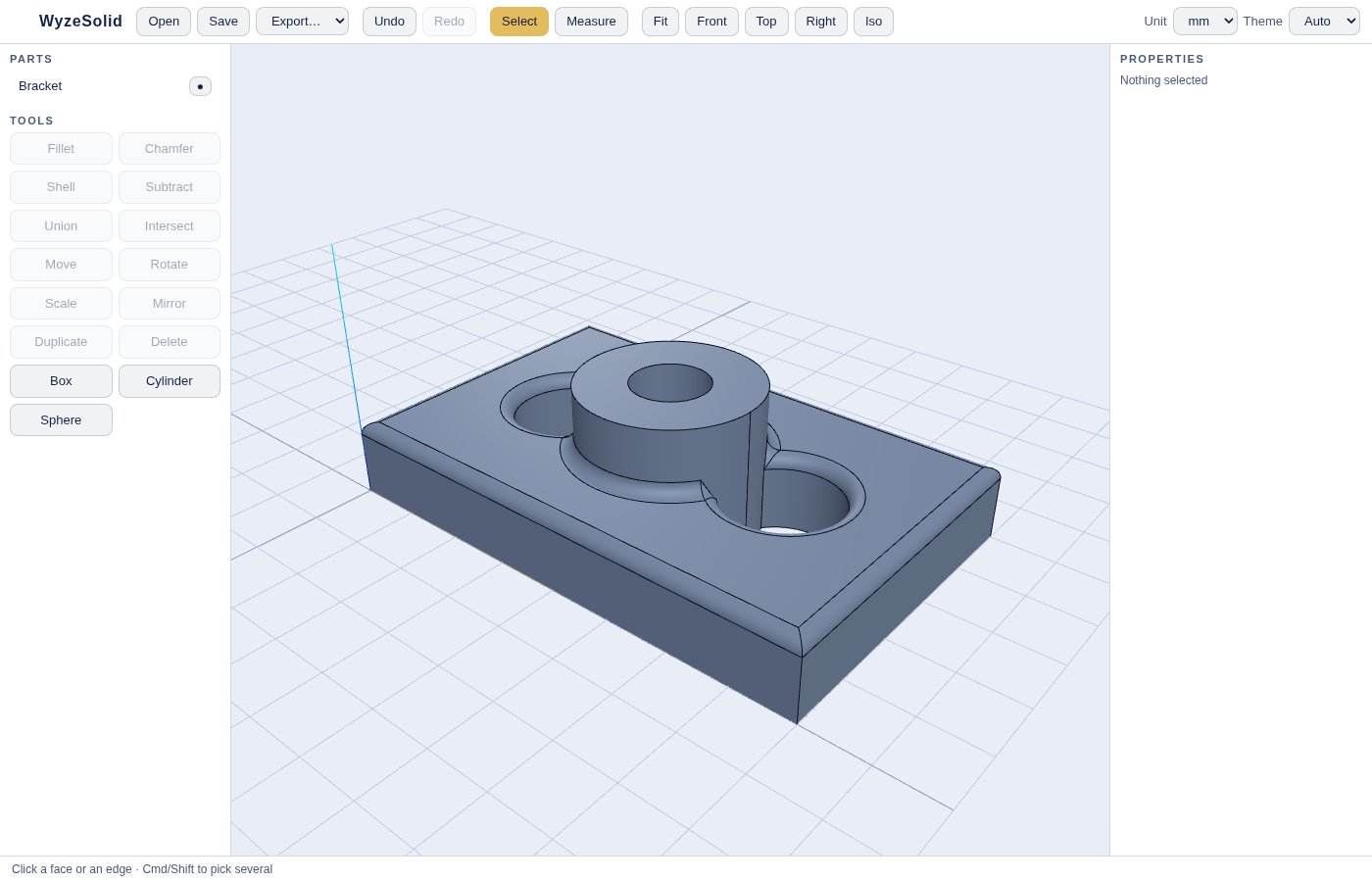 WyzeSolid showing a bracket plate with rounded top edges, the parts list and the properties panel (example part)