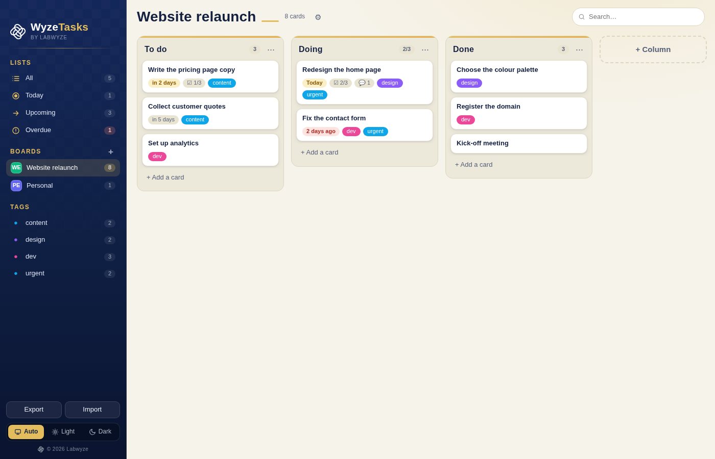 WyzeTasks board with To do, Doing and Done columns, tags and due dates