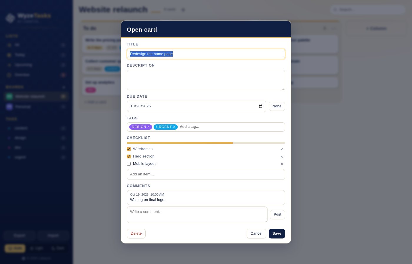 A card open with checklist, due date, tags and comments